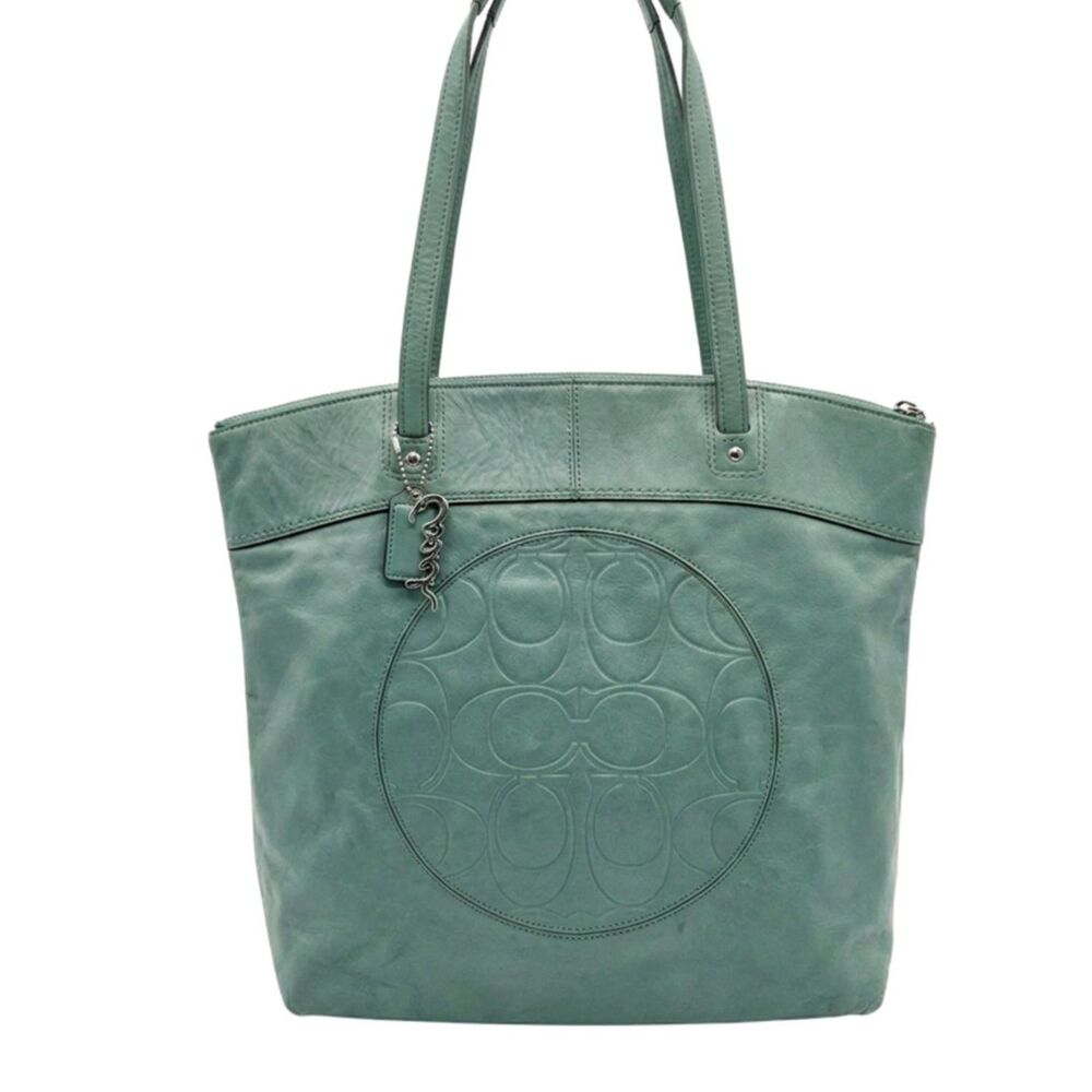 🔥 Coach Laura Sage Green Leather Embossed Signature Op Art Tote Bag F18336